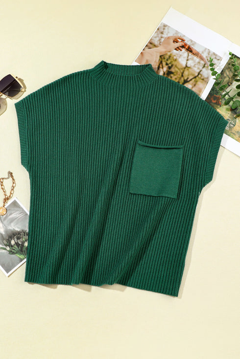 Ribbed Mock Neck Patch Pocket Drop Shoulder Short Sleeve Sweater