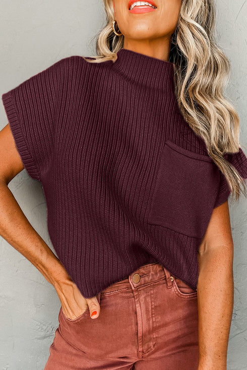Ribbed Mock Neck Patch Pocket Drop Shoulder Short Sleeve Sweater