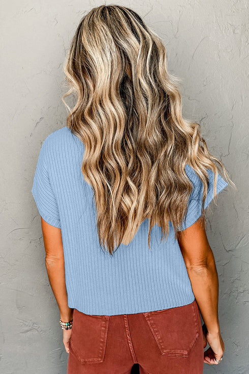 Ribbed Mock Neck Patch Pocket Drop Shoulder Short Sleeve Sweater