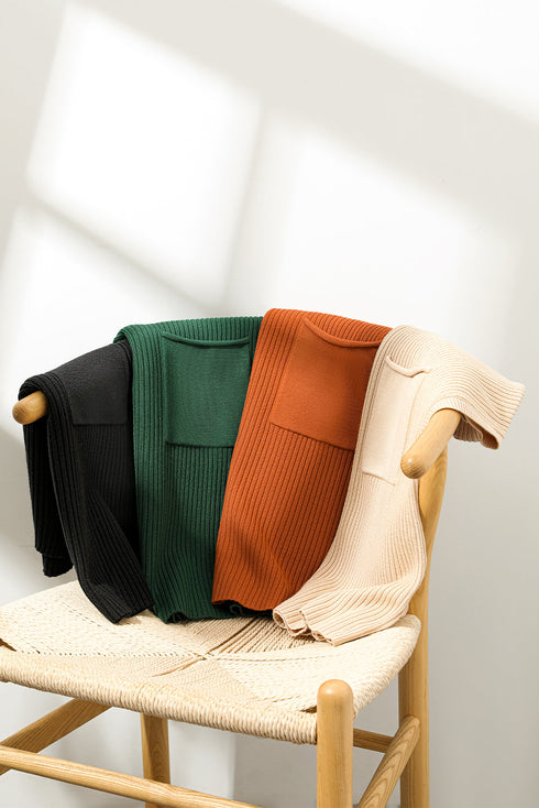 Ribbed Mock Neck Patch Pocket Drop Shoulder Short Sleeve Sweater