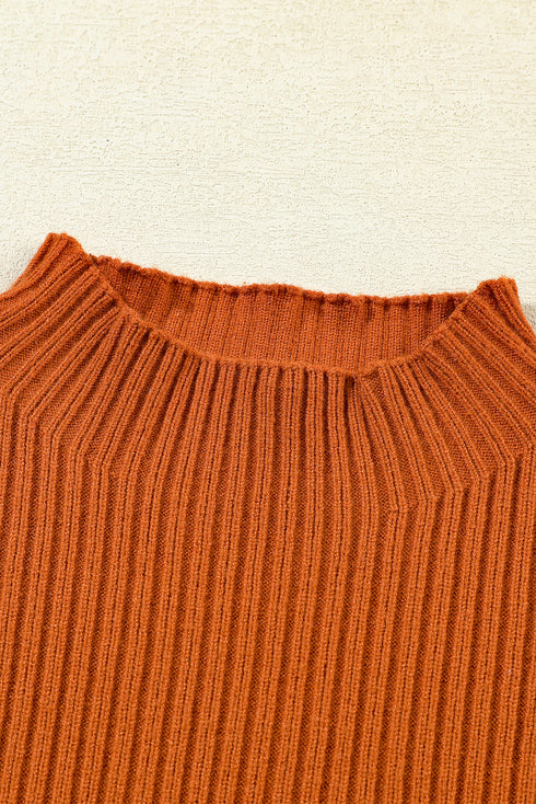 Ribbed Mock Neck Patch Pocket Drop Shoulder Short Sleeve Sweater