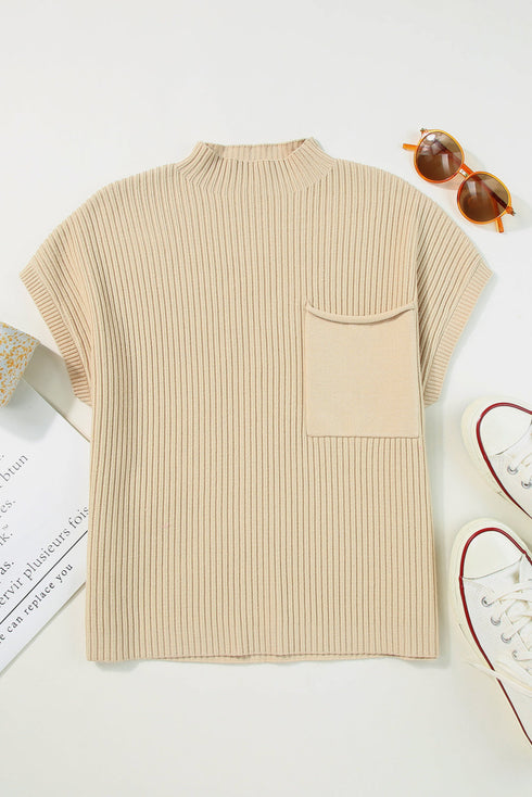 Ribbed Mock Neck Patch Pocket Drop Shoulder Short Sleeve Sweater