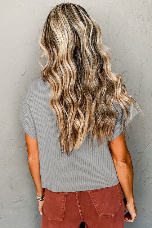 Ribbed Mock Neck Patch Pocket Drop Shoulder Short Sleeve Sweater