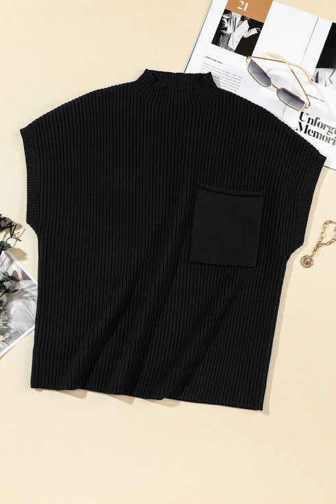 Ribbed Mock Neck Patch Pocket Drop Shoulder Short Sleeve Sweater