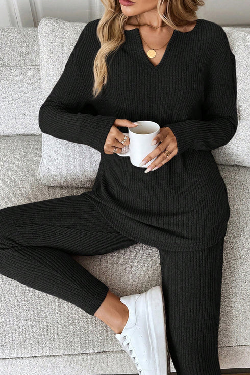 Ribbed Notched Neck Knit Long Sleeve Lounge Set