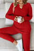 Ribbed Notched Neck Knit Long Sleeve Lounge Set