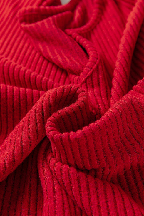 Ribbed Notched Neck Knit Long Sleeve Lounge Set