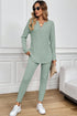Ribbed Notched Neck Knit Long Sleeve Lounge Set