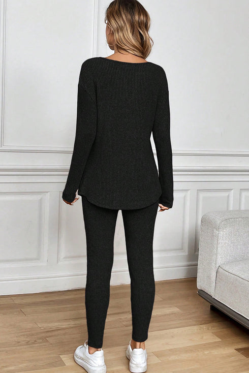 Ribbed Notched Neck Knit Long Sleeve Lounge Set