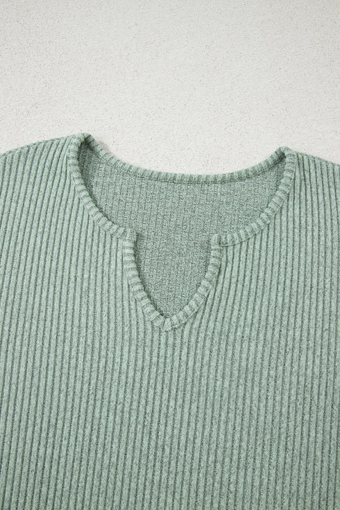 Ribbed Notched Neck Knit Long Sleeve Lounge Set