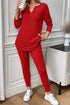 Ribbed Notched Neck Knit Long Sleeve Lounge Set