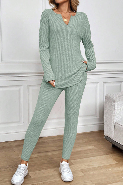 Ribbed Notched Neck Knit Long Sleeve Lounge Set