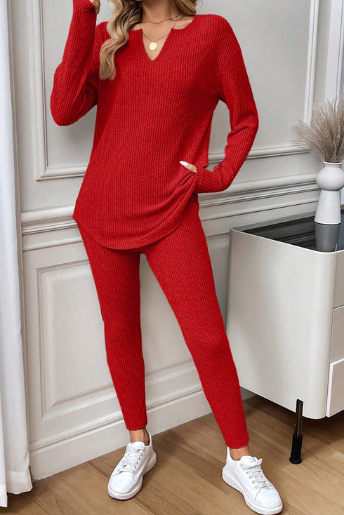 Ribbed Notched Neck Knit Long Sleeve Lounge Set