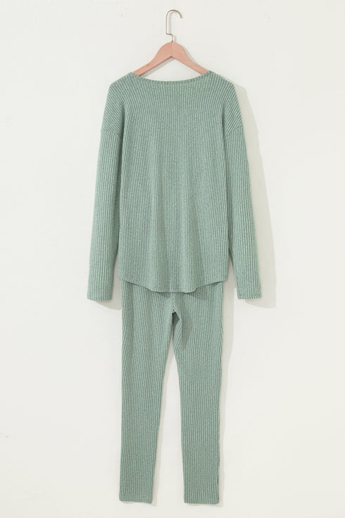 Ribbed Notched Neck Knit Long Sleeve Lounge Set