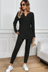 Ribbed Notched Neck Knit Long Sleeve Lounge Set