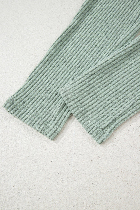 Ribbed Notched Neck Knit Long Sleeve Lounge Set