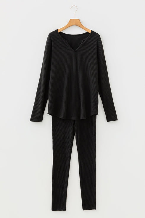 Ribbed Notched Neck Knit Long Sleeve Lounge Set
