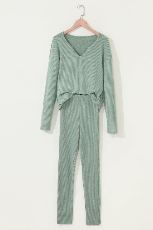 Ribbed Notched Neck Knit Long Sleeve Lounge Set