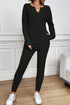 Ribbed Notched Neck Knit Long Sleeve Lounge Set