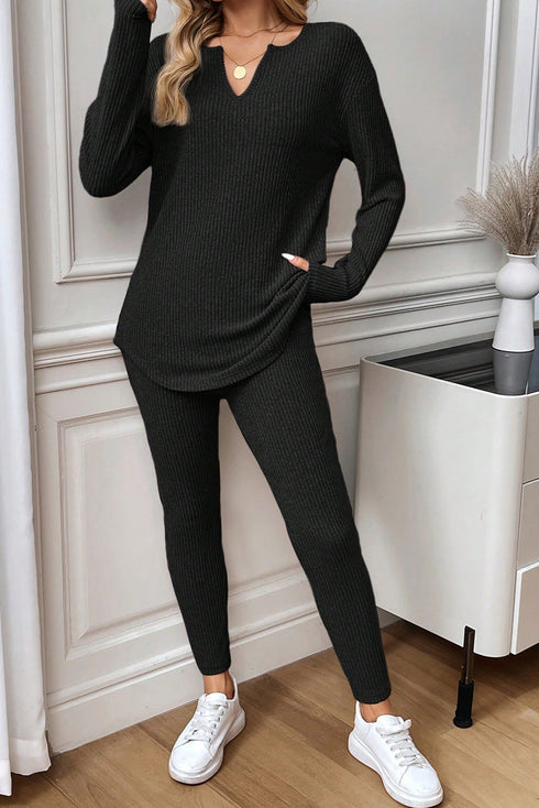 Ribbed Notched Neck Knit Long Sleeve Lounge Set