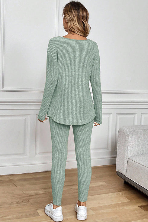 Ribbed Notched Neck Knit Long Sleeve Lounge Set