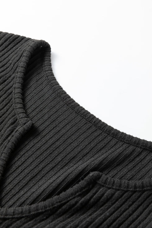 Ribbed Notched Neck Knit Long Sleeve Lounge Set