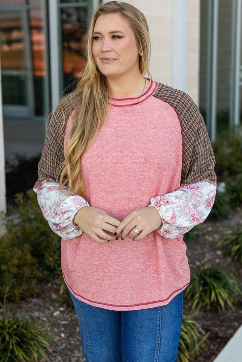 Ribbed Patchwork Checkered Paisley Raglan Long Sleeve Top