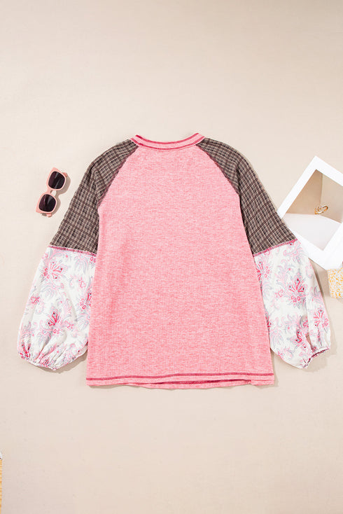 Ribbed Patchwork Checkered Paisley Raglan Long Sleeve Top
