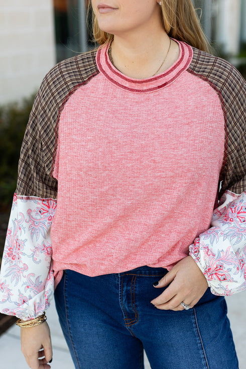 Ribbed Patchwork Checkered Paisley Raglan Long Sleeve Top