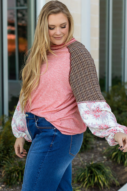 Ribbed Patchwork Checkered Paisley Raglan Long Sleeve Top
