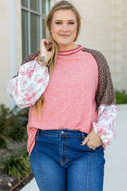 Ribbed Patchwork Checkered Paisley Raglan Long Sleeve Top