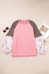 Ribbed Patchwork Checkered Paisley Raglan Long Sleeve Top