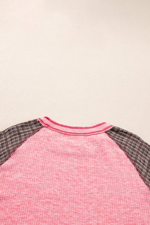 Ribbed Patchwork Checkered Paisley Raglan Long Sleeve Top