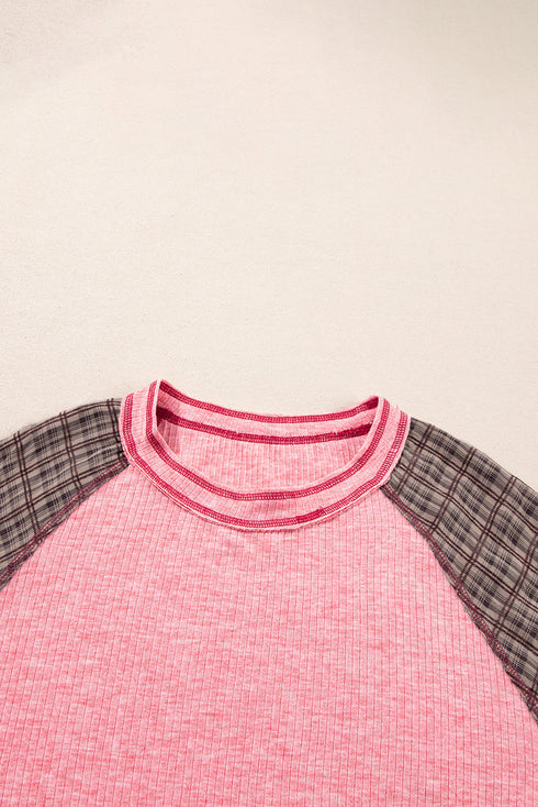 Ribbed Patchwork Checkered Paisley Raglan Long Sleeve Top