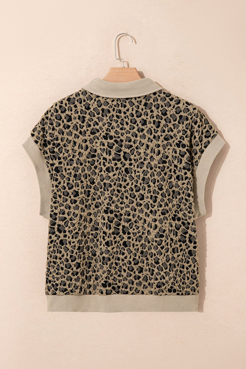 Ribbed Patchwork Collar Cuffed Sleeve Leopard Western Top