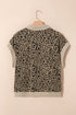 Ribbed Patchwork Collar Cuffed Sleeve Leopard Western Top