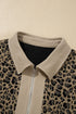 Ribbed Patchwork Collar Cuffed Sleeve Leopard Western Top