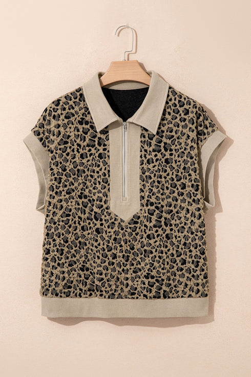 Ribbed Patchwork Collar Cuffed Sleeve Leopard Western Top