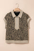 Ribbed Patchwork Collar Cuffed Sleeve Leopard Western Top
