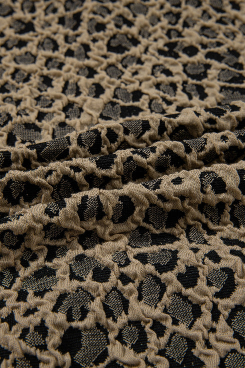 Ribbed Patchwork Collar Cuffed Sleeve Leopard Western Top