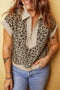 Ribbed Patchwork Collar Cuffed Sleeve Leopard Western Top