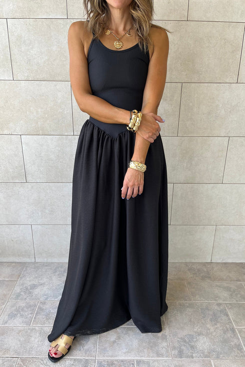 Ribbed Patchwork Drop Waist Spaghetti Strap Maxi Dress
