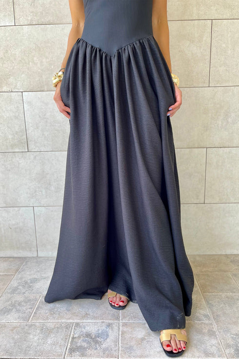 Ribbed Patchwork Drop Waist Spaghetti Strap Maxi Dress