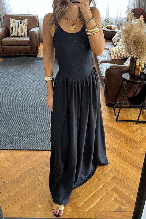 Ribbed Patchwork Drop Waist Spaghetti Strap Maxi Dress