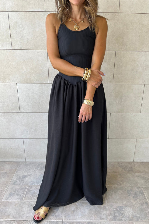 Ribbed Patchwork Drop Waist Spaghetti Strap Maxi Dress