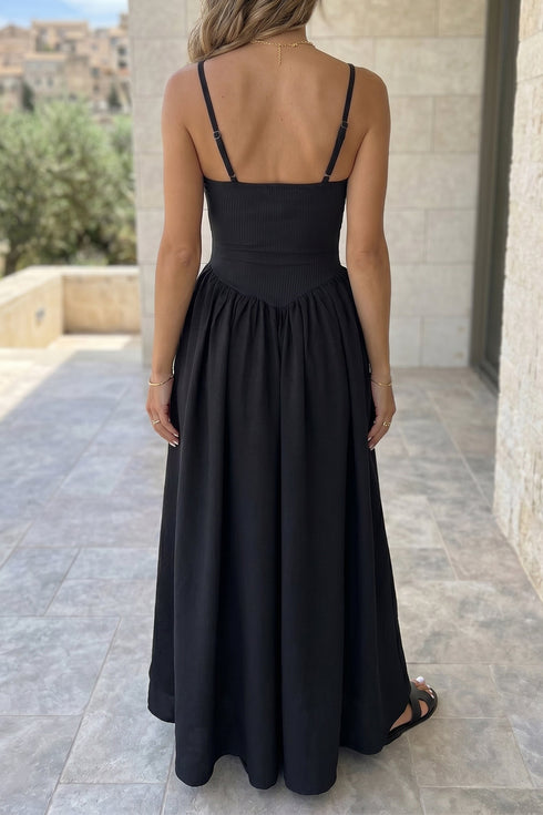 Ribbed Patchwork Drop Waist Spaghetti Strap Maxi Dress