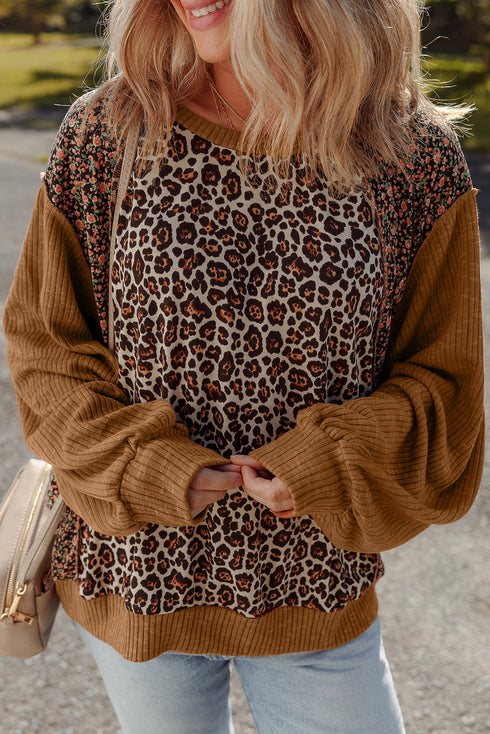 Ribbed Patchwork Puff Sleeve Mixed Print Pullover Top