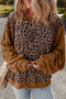 Ribbed Patchwork Puff Sleeve Mixed Print Pullover Top