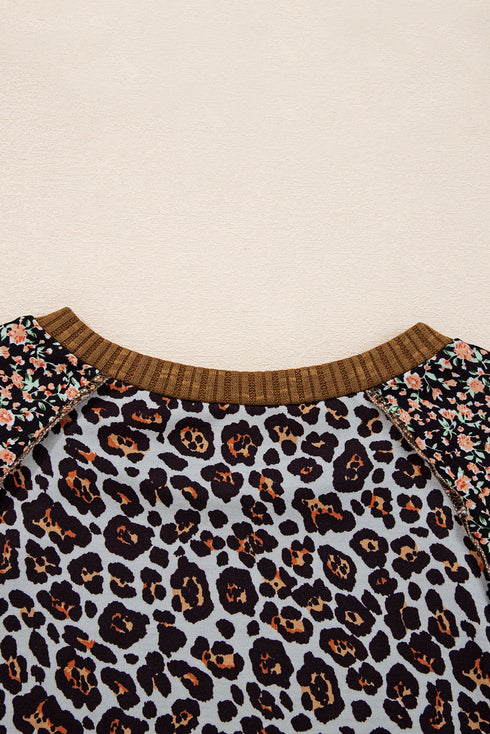 Ribbed Patchwork Puff Sleeve Mixed Print Pullover Top