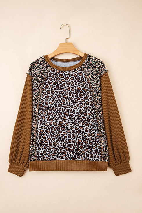 Ribbed Patchwork Puff Sleeve Mixed Print Pullover Top